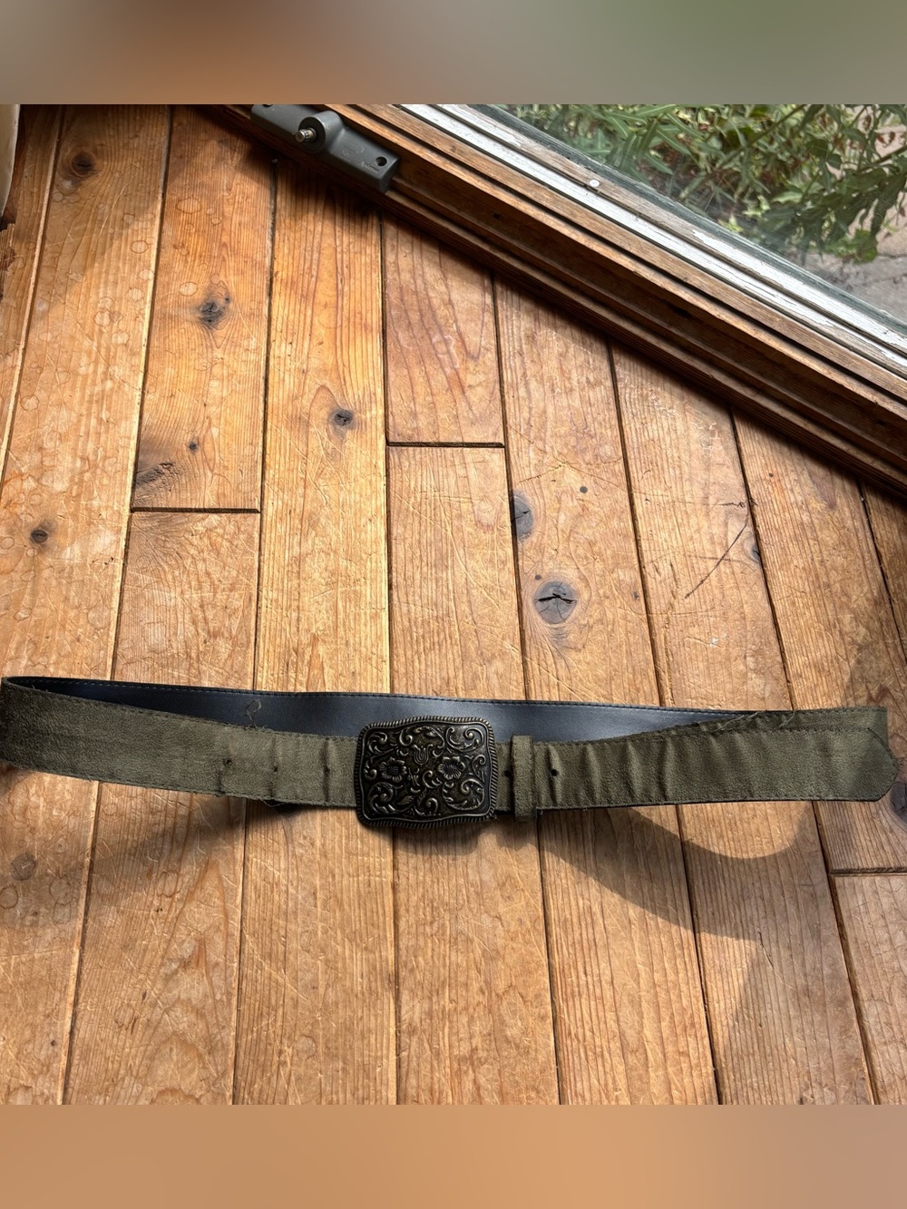 Green Faux Suede Belt with Floral Brass Colored Buckle